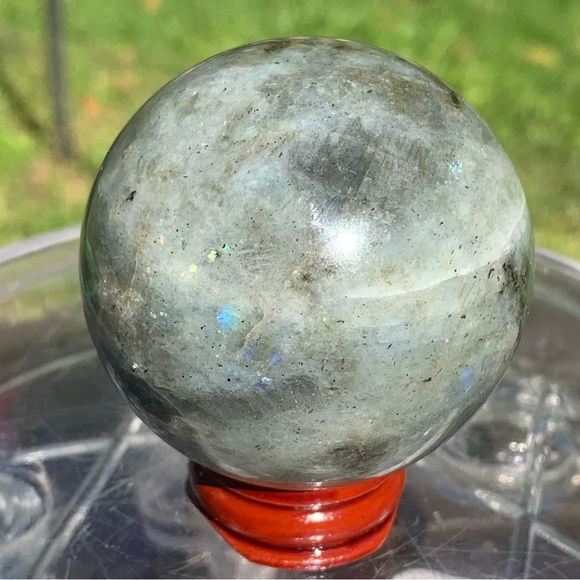 58.5MM 2.2” Madagascar Rainbow Labradorite Stone Sphere Crystal Ball Wood Stand - Picture 7 of 14